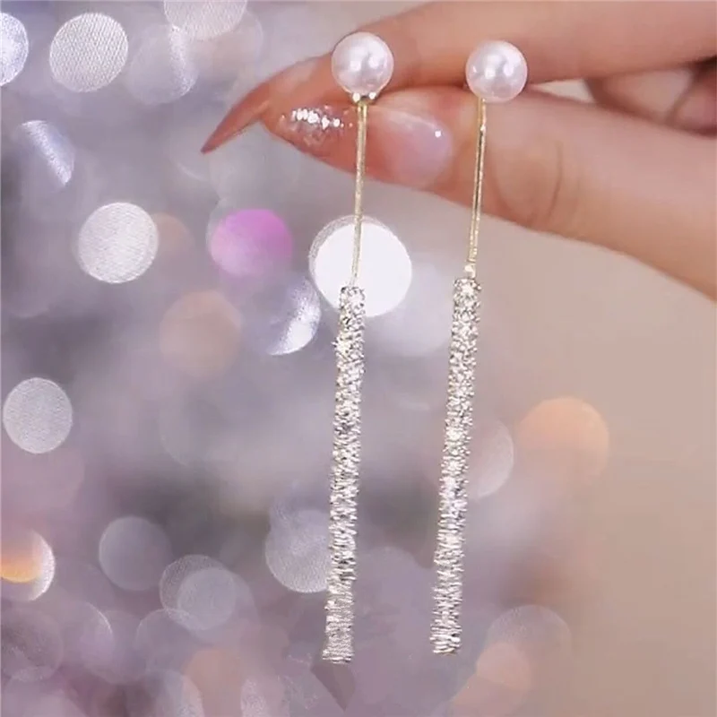 Korean Long Tassel Pearl Dangle Earrings for Women Luxury Full Rhinestone Gold Color Drop Earrings Wedding Party Jewelry Gift