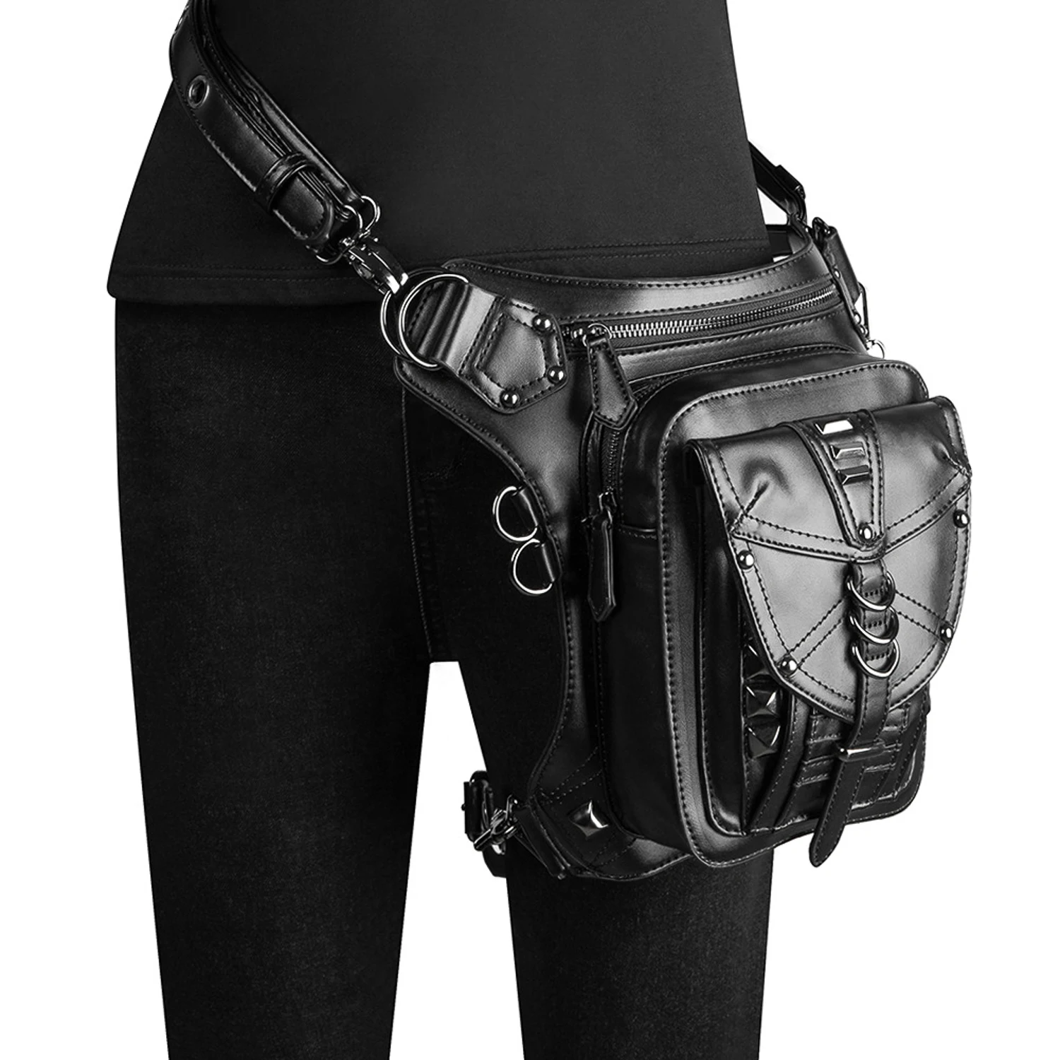 Pu Leder Taille Drop Bein Tasche Punk Big Bike Radfahren Wandern Gürtel tasche wasserdichte Unisex Hüfte Oberschenkel Tasche Niet Umhängetasche Geldbörse