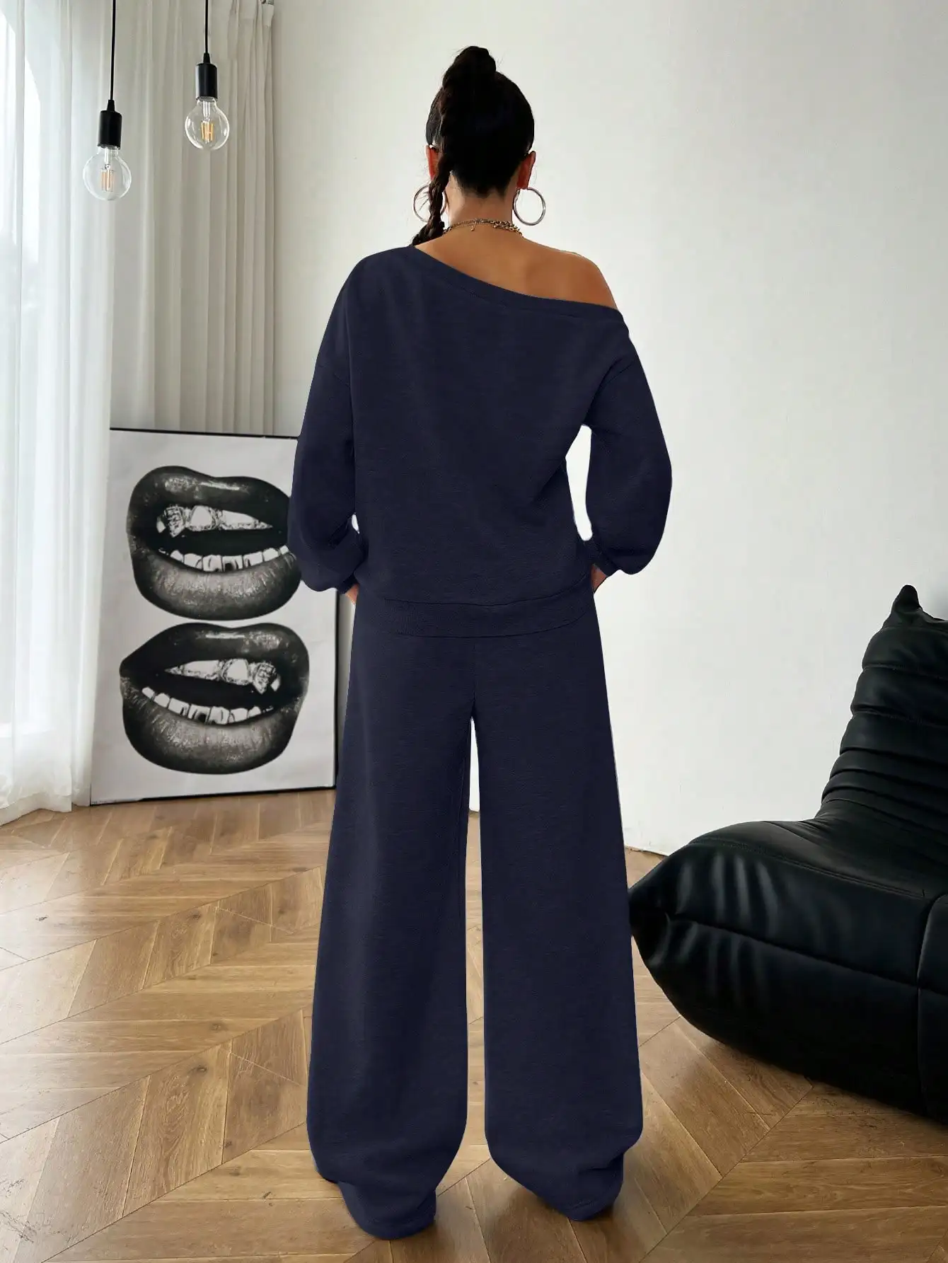 BWQ الفتيات الشتاء Y2K Preppy ارتداء اليومي عدد ملابس منقوشة بكم طويل البلوز وحزام مطاطي أبيض واسعة الساق Sweatpants #2