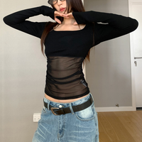 See Through Mesh Black Crop Top Women Patchwork Skinny Top Sexy Long Sleeves T-shirt Streetwear Slim Hot Girl Y2k Clothing