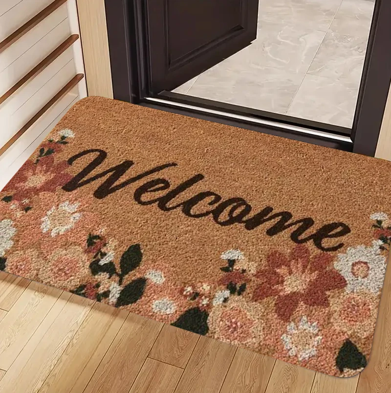 Floral Welcome Doormat Maple Leaf Bee Olive Branch Flower Pattern Decorative Floor Mat for Front Door Indoor Outdoor Home Decor