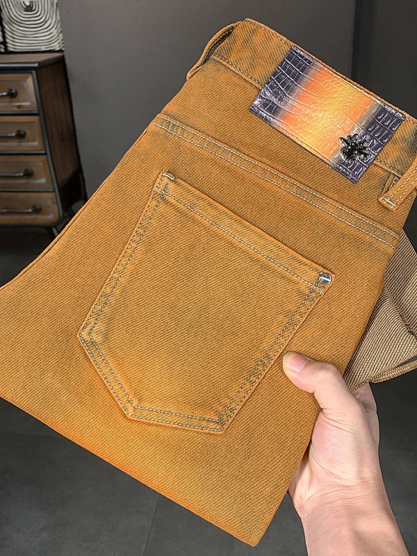 

Spring 2026 Men's Premium Heavyweight Waed Yellow Jeans Straight Leg Elastic Casual Versatile Trendy mid Waist Cotton Stret...