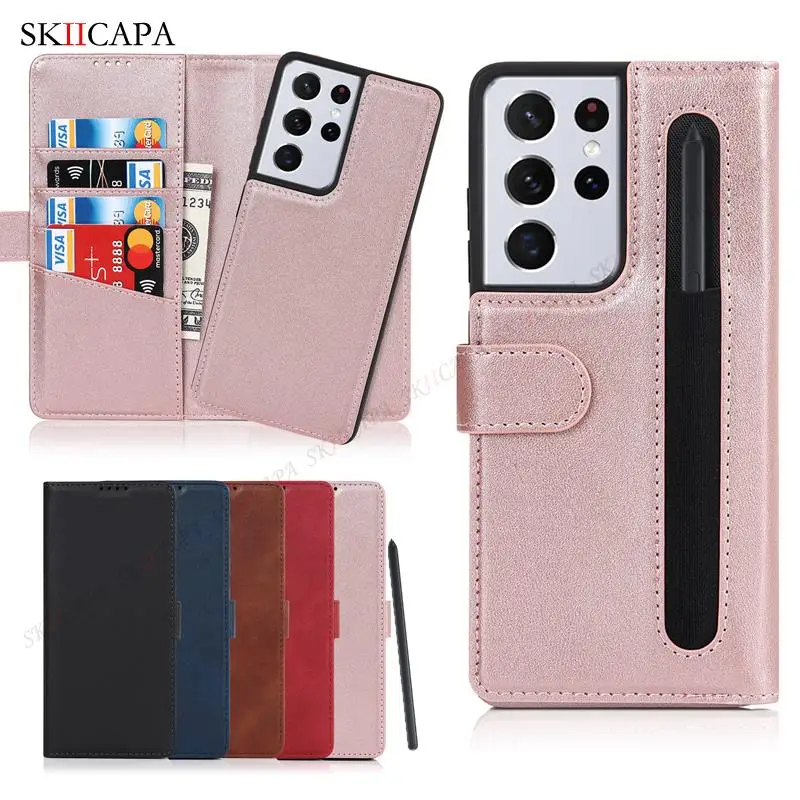 Stylus S-Pen Socket Slot Split Leather Phone Case For Samsung Galaxy S21 Ultra G9980 G998D G998U Card Holder Wallet Flip Cover