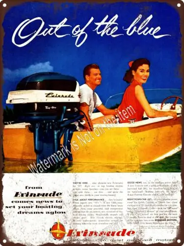 1956 Evinrude Boat Motors Outboard motorboat lake Couple Metal Sign 9x12