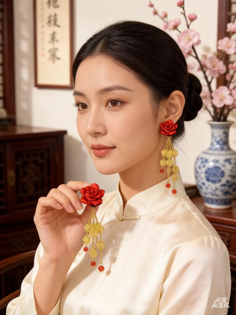Red Rose Fabric Clip-On Earrings - Gold Coin Tassel Red Bead Ethnic Drop Earrings for Women