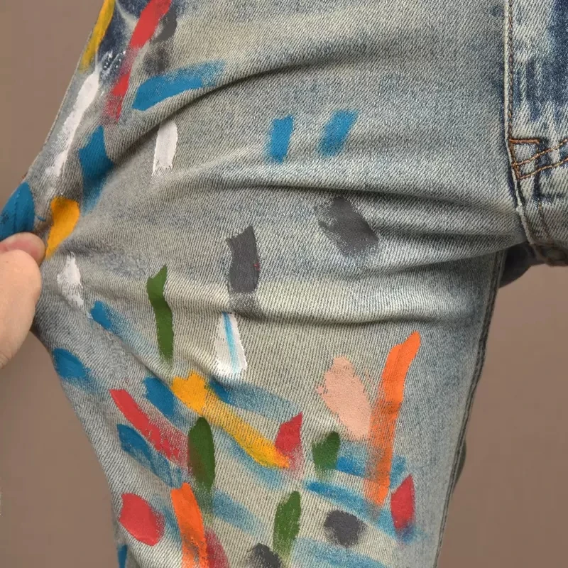 High Street Fashion Men Jeans Retro Blue Elastic Stretch Slim Fit Ripped Jeans Men Painted Designer Hip Hop Pencil Pants Hombre