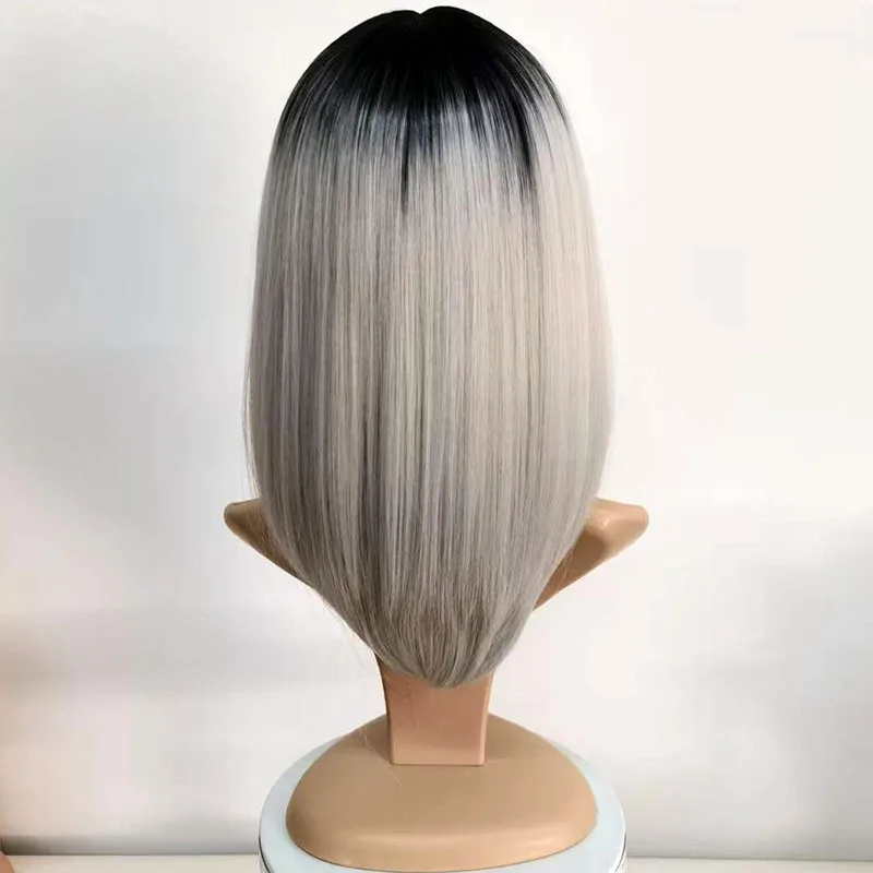 JOVIA Blunt bangs layered high necked gradient grey short straight natural bob wig suitable for female role-playing or everyday