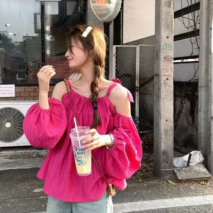 Sweet oulder Bared Long Sve Women's irt 2025 New Sle Casual Commute Wind Loose Fit UV Protection  Top