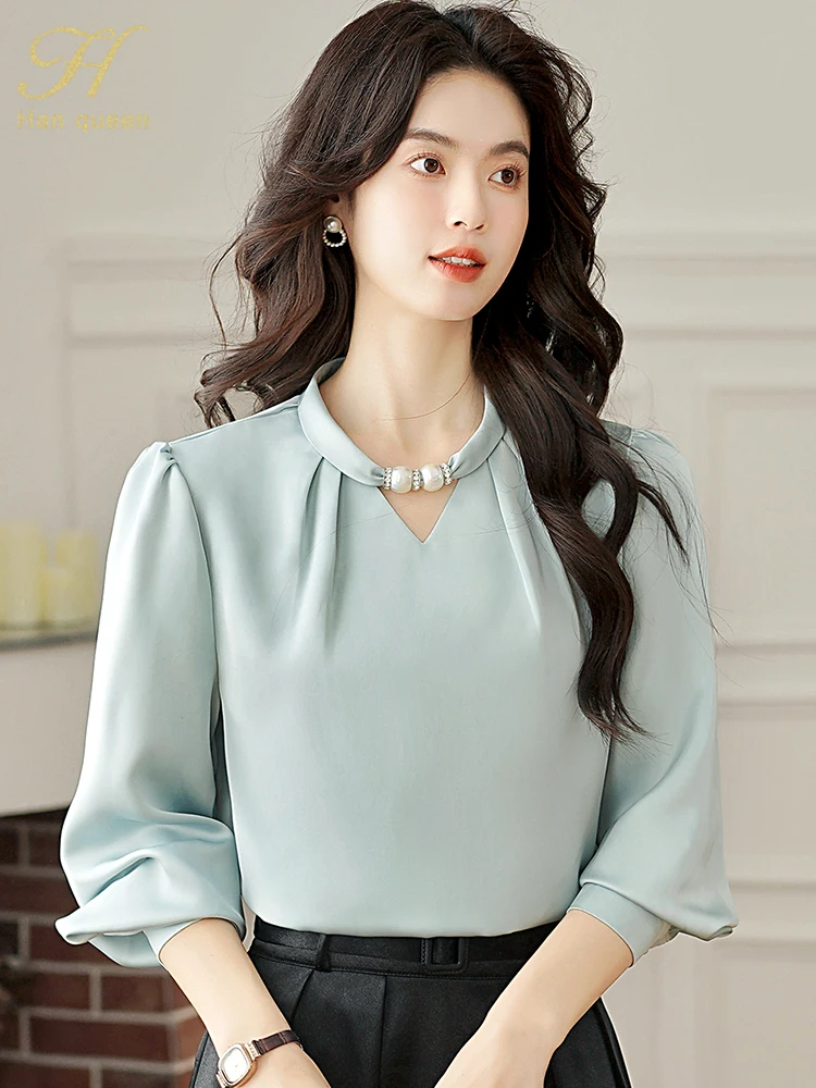 

H Han Queen Spring Basic Office Lady Blusa Round Neck Beads Vintage Tops Elegant Chiffon Women Blouses Loose Casual Shirts