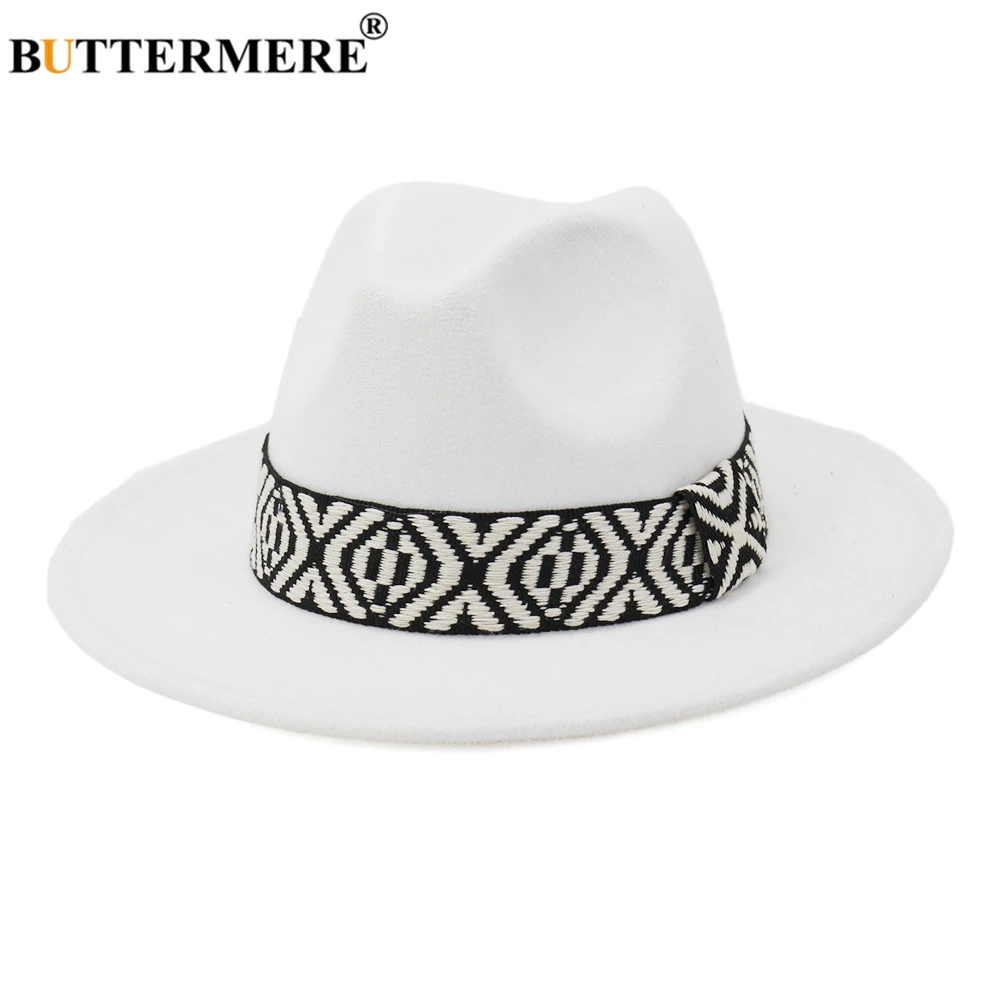 BUTTERMERE 2024 New Women Men Fedoras Indy Hat White Vintage Jazz Hat Autumn Winter Woolen Panama Cap Outdoor Trilby Hat