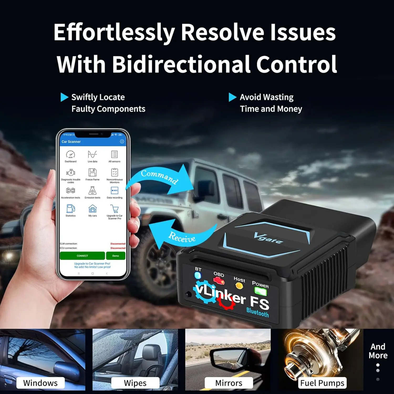 الماسح الضوئي V-gate FS Bluetooth Obd2، قارئ الرمز اللاسلكي لأجهزة iPhone، Android، Windows، التحكم ثنائي الاتجاه، تشخيص جميع الأنظمة #4
