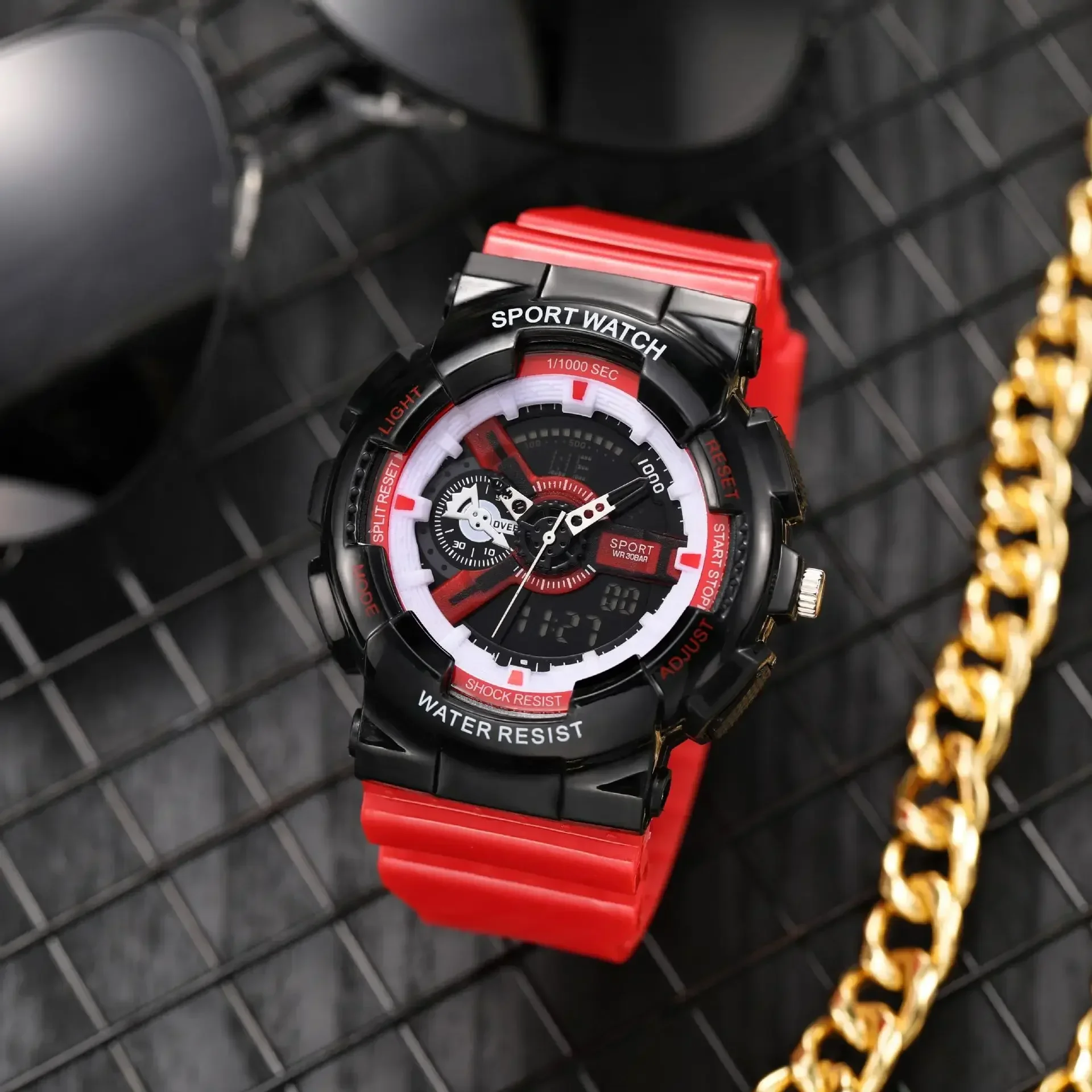 Multifunctional fashionable sporty casual and fall resistant night glow versatile dual display electronic watch