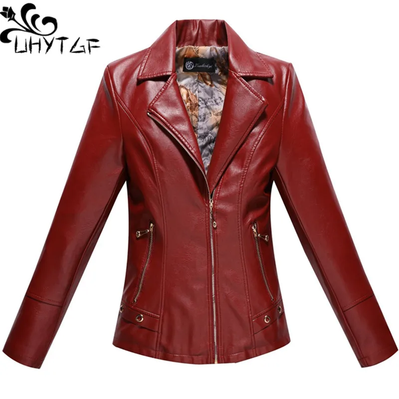 UHYTGF 6XL Quality PU Leather Spring Autumn Jacket Womens Middle-Aged Mother Slim Short Coat Female Casual Leather Outerwear 206