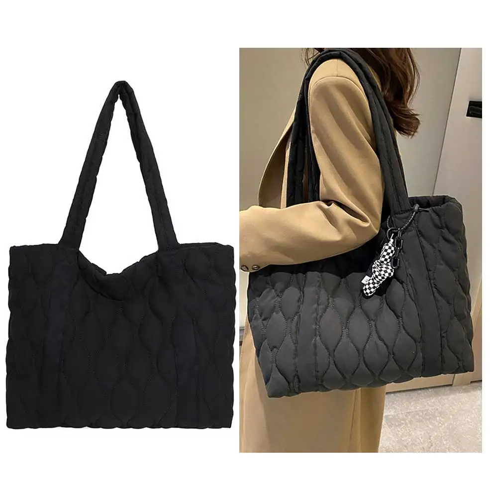 Bolsa de ombro acolchoada de algodão monocromático para mulheres, bolsa macia acolchoada de alça superior, grande capacidade, bolsa comum feminina, inverno