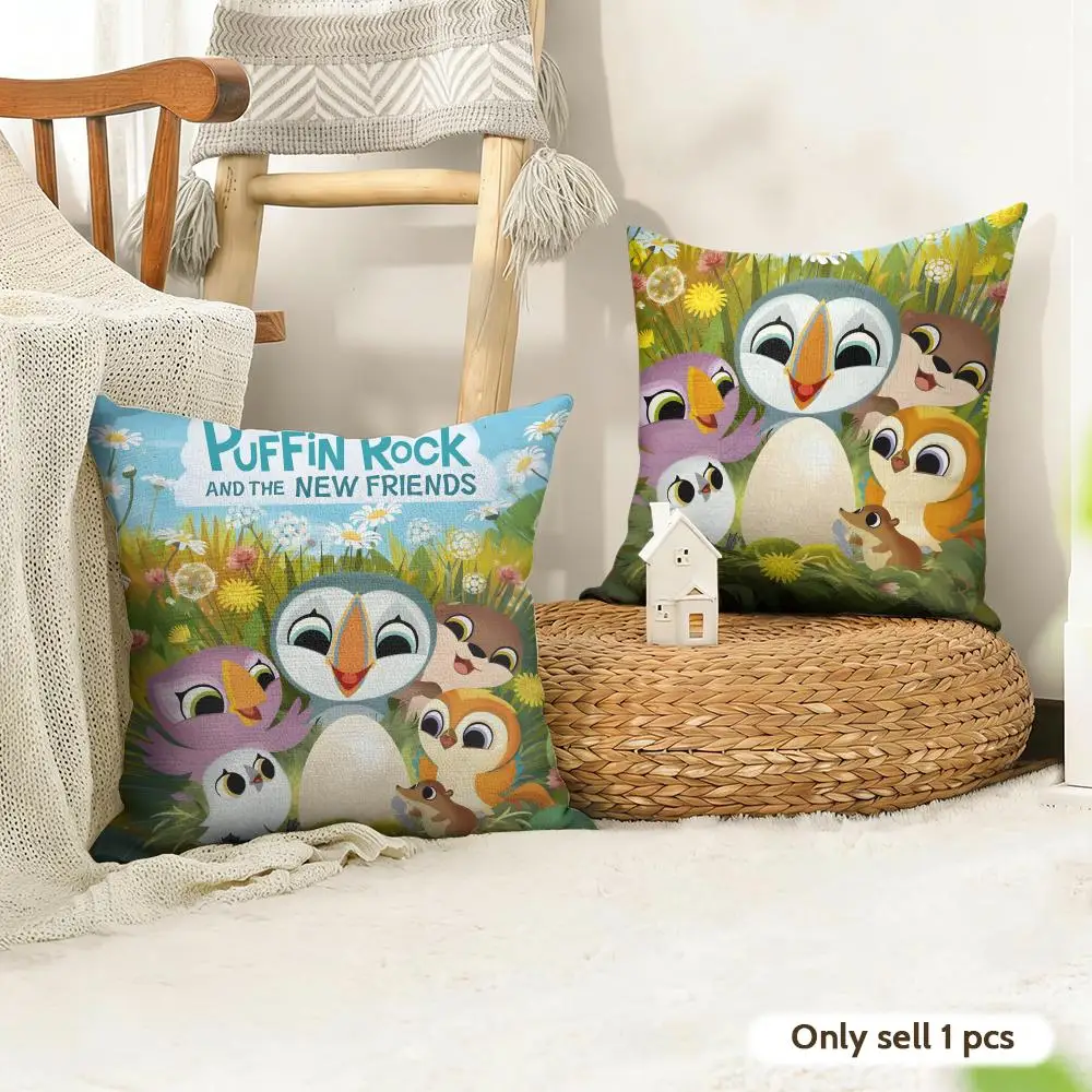 Cartoon P-Puffin Rock Cushion Cover Natural Linen Organic Fabric Double-Sided Printing Sofa Home Decor Gift Pillow Case