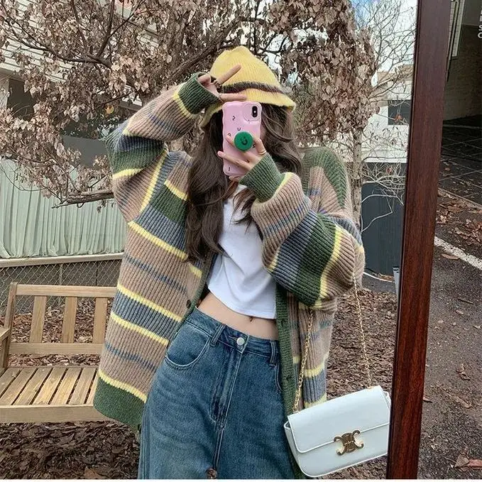 

Women's V-Ne Knitted Sweater Coat Spring Autumn Loose Outerwear Slimming Open Cardigan Casual Sle Striped Design