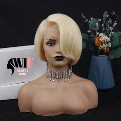 WIF Blonde Color Pixie Bob Hair Lace Front Wigs Short Cut Natural Straight 613 Gold Synthetic Wig Makeup Daily Use Women Hair