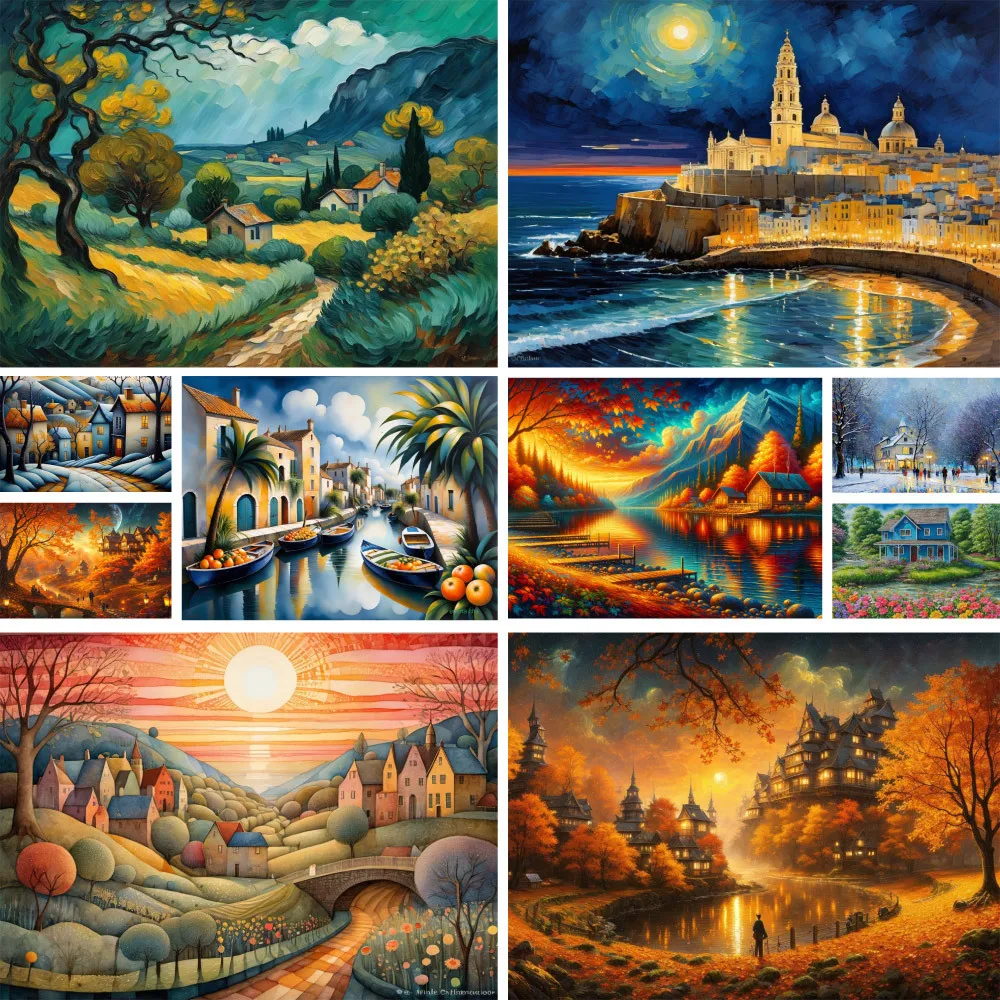 Landscape Seaside Town Printed Fabric Cross-Stitch DIY Embroidery Set Craft Sewing Handicraft Handmade Room Decor Needle Magic