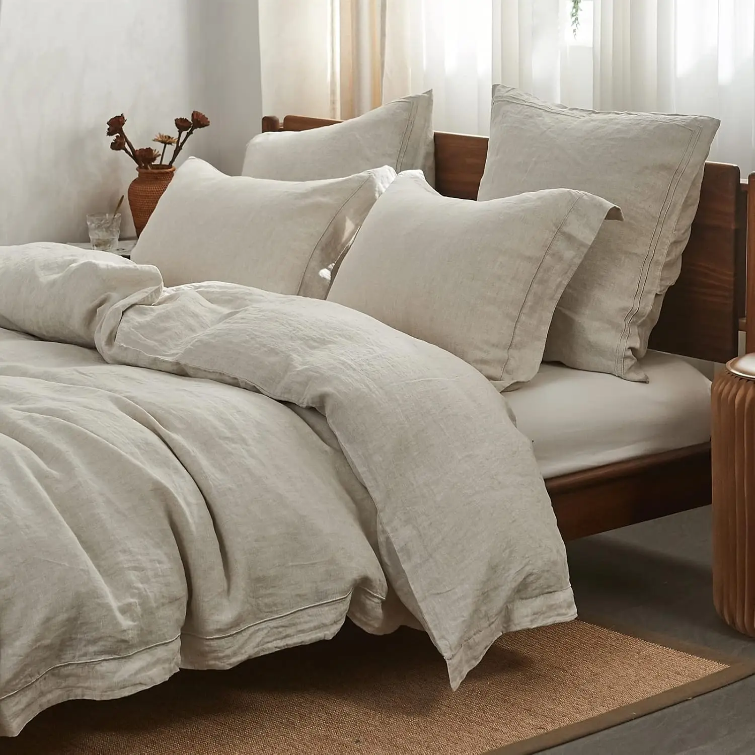 

100% French Flax Linen Duvet Cover Set with Embroidery, King Size, 3-Piece Breathable Bedding
