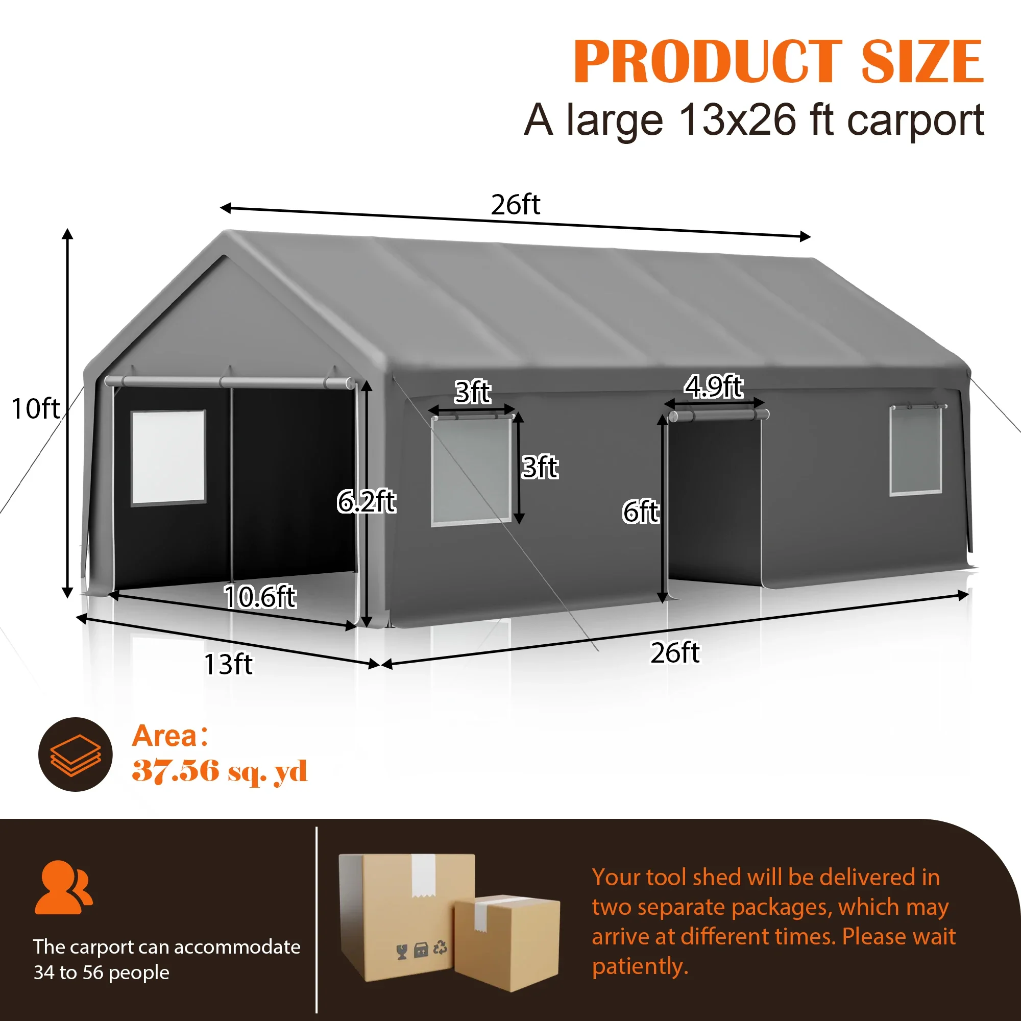 13'x26' Feet Heavy-Duty Sunshade Storage Shed, with Detachable Side Walls and Doors, Sliding Mesh Windows, Portable Garage