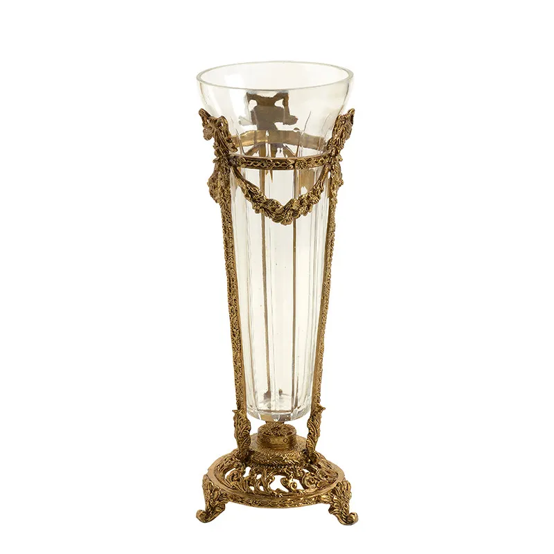 European Crystal Glass Brass Flower Vase Home Room Decoration Desktop Ornament Living Room High-end Luxury Flower Bottle