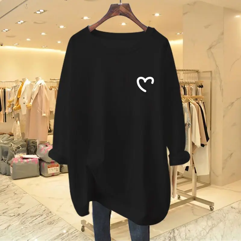 Spring Autumn O-neck Long Sleeve All-match Basic T-shirt Women Fashion Pure Cotton Solid Top Tee Loose Chic Pullover 35-100Kg