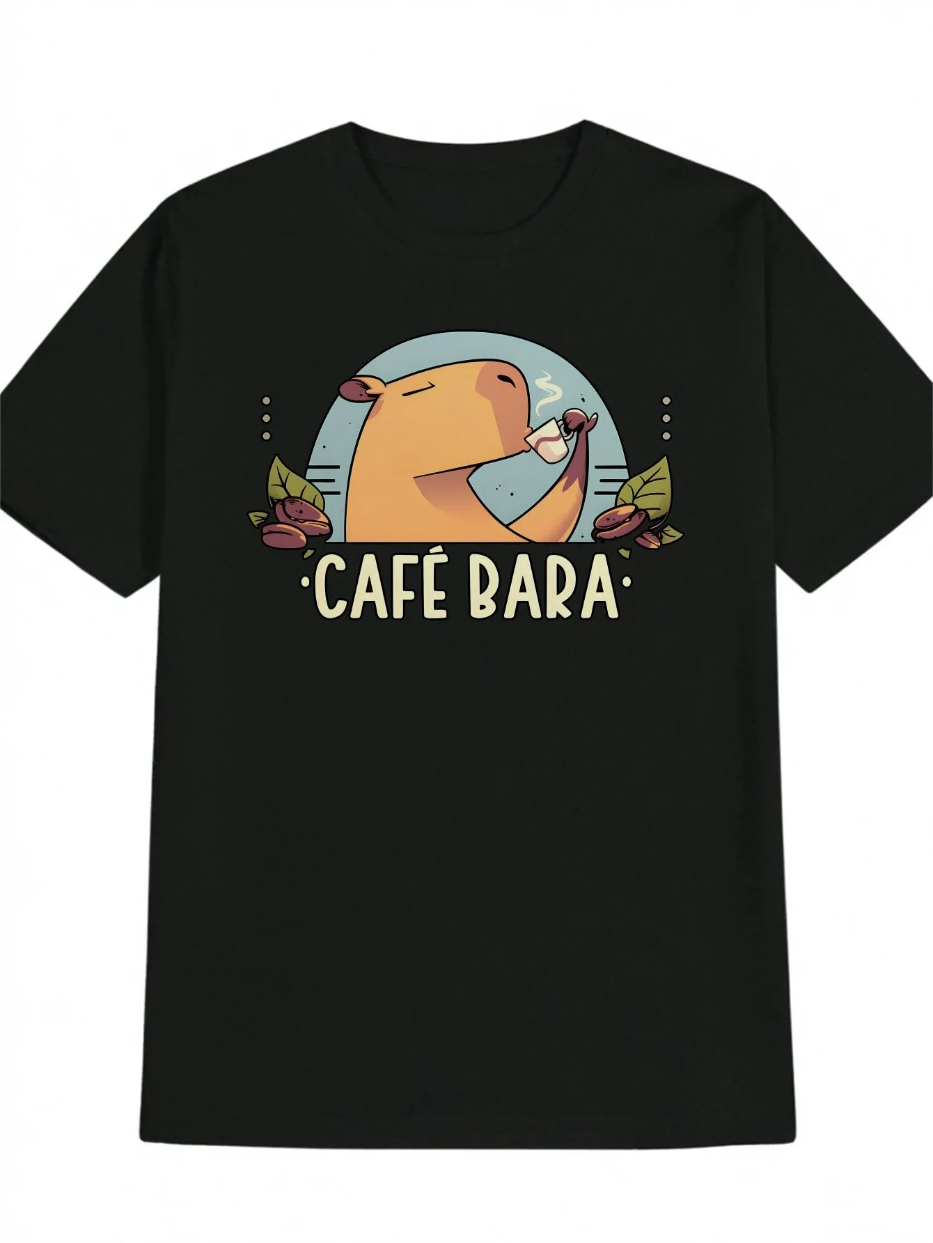 

Capybara Drinking Cafe Bara Graphic Print Men's Black Cotton Crew Neck T-Shirt Casual Summer Tee