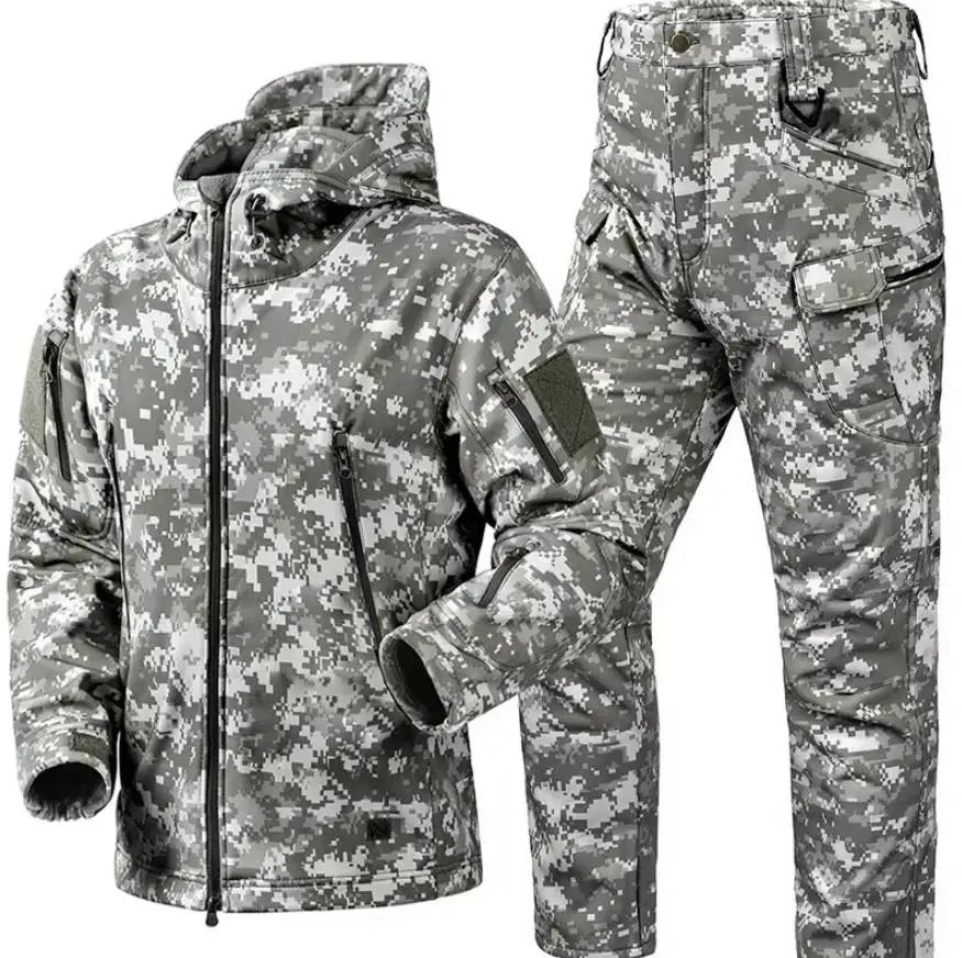 HOT 12 Colors Tactical Sets Men Winter Shark Skin Soft Shell Jackets+Multi-pocket Cargo Pants 2 Pcs Suits Waterproof Fleece Set