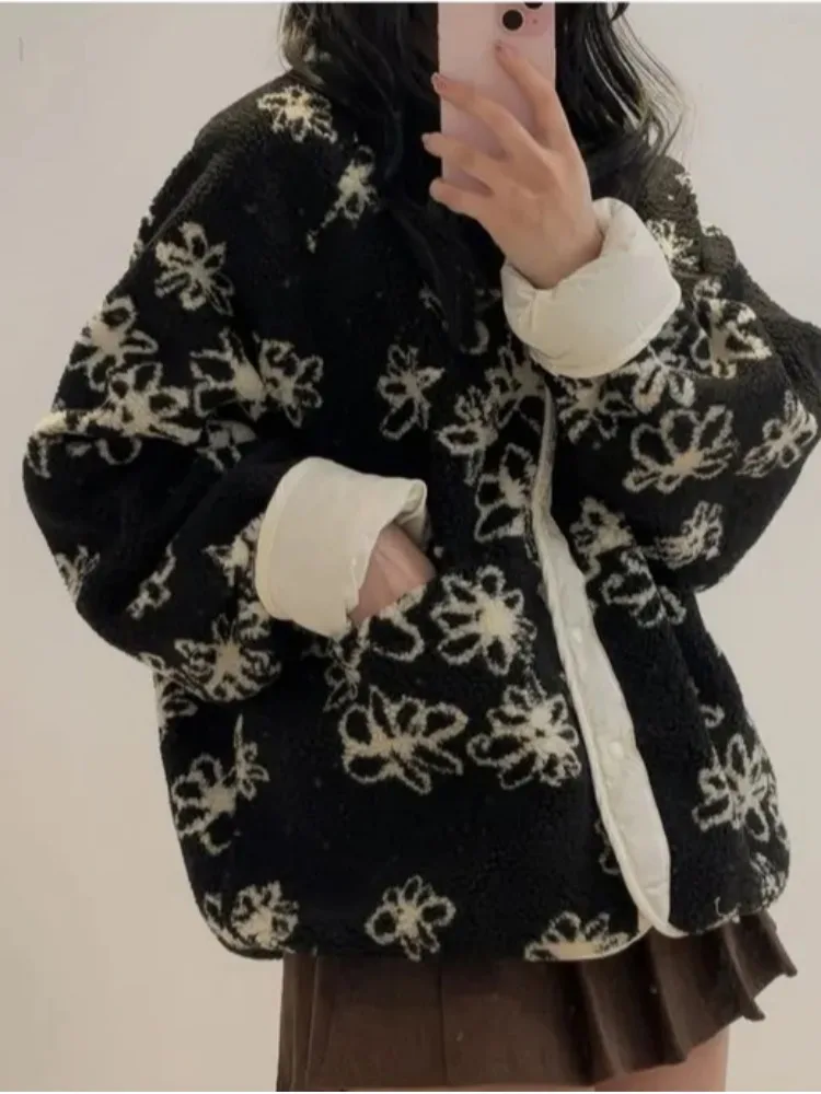 เสื้อโค้ทขนแกะเกาหลีสำหรับผู้หญิง ดีไซน์แฟชั่นลายดอกไม้ สวมใส่ได้สองด้าน ทรงยาว ผ้าเนื้อนุ่ม บางปานกลาง