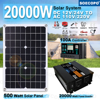 SOECOPO 20000W Complete Solar System Set 500W Solar Panel, Inverter(2 sockets) 12V/24V 110V/220V, 100A Controller Home, Camping