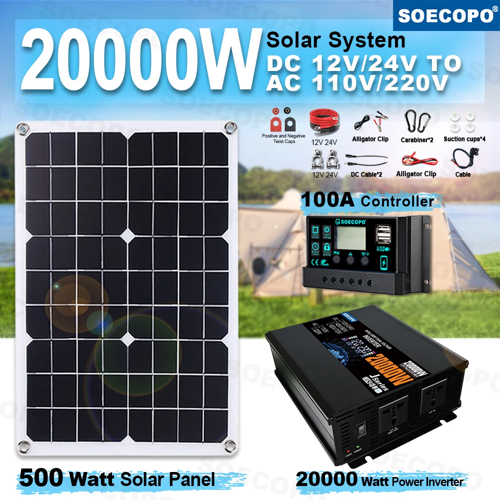 SOECOPO 20000W Complete Solar System Set 500W Solar Panel, Inverter(2 Sockets) 12V/24V 110V/220V, 100A Controller Home, Camping