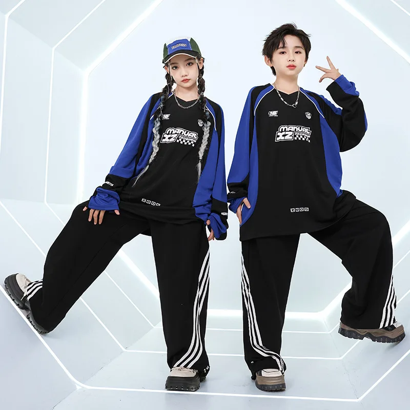 

Уличная одежда для мальчиков, контрастный свитшот в стиле хип-хоп, мешковатые штаны, комплекты спортивной одежды для уличных танцев для девочек, костюм для группового выступления на сцене