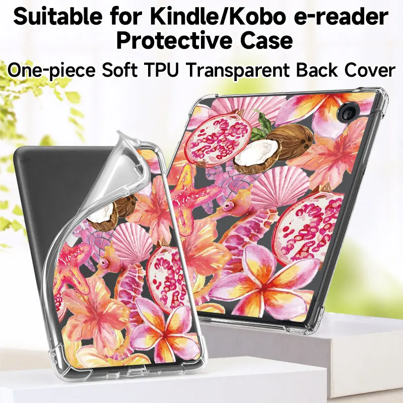 Clear soft TPU case with print,for Kindle 10/11/12th,Paperwhite 5,Kobo Clara Colour/BW,Libra Colour(2024)，E-reader Case