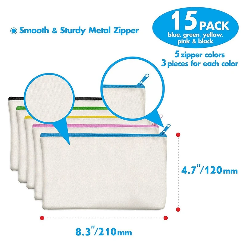 Hot TTKK 45 Pack เปล่าผ้าใบผ้าฝ้าย DIY Craft กระเป๋าซิปกระเป๋าดินสอสําหรับแต่งหน้าเครื่องสําอางค์เครื่องเขียน Storage