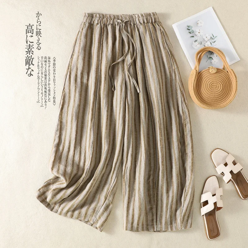 Women Striped Wide Leg Pants Straight Trousers Ankle Lenth Drawstring Waist Slight Strech Loose Office Lady Casual 2026 Summer