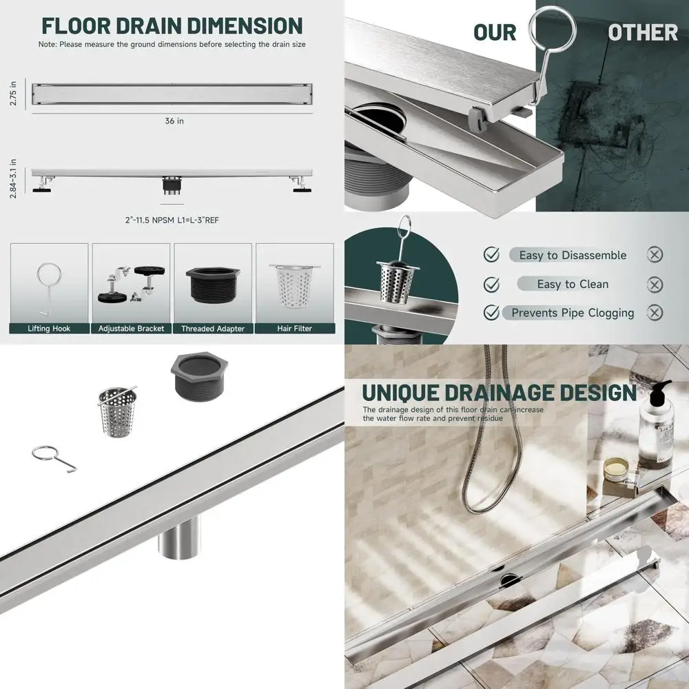 

Stainless Steel 36 Rectangular Shower Drain with Hair Catcher in Brushed Nickel Finish