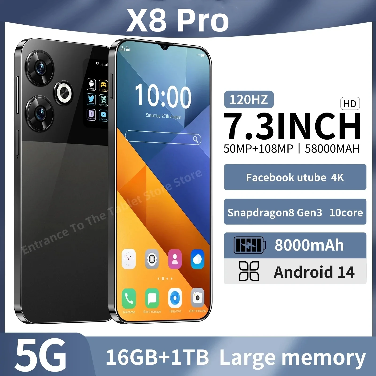 Global New X8 Pro 7.3-inch Ultra HD 16GB+1024GB 108MP+50MP, 8000mAh large battery Android 14 Qualcomm Snapdragon 8 Gen3 Dual SIM