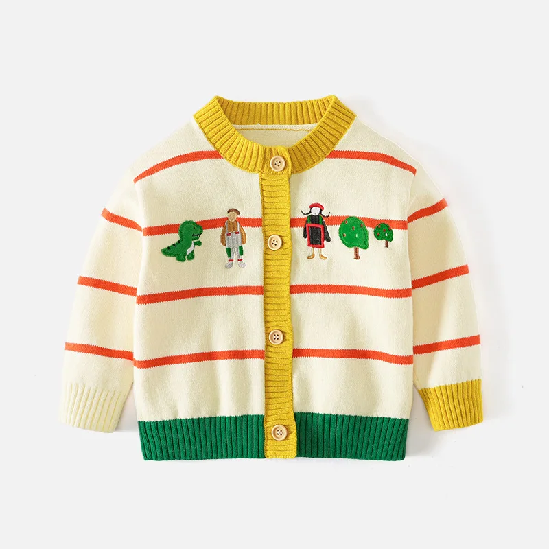 2024 Boys Striped Knitted Sweater Autumn Children Korean Knitting Cardigan Cartoon Embroidered Round Neck Sweaters Thin Coat