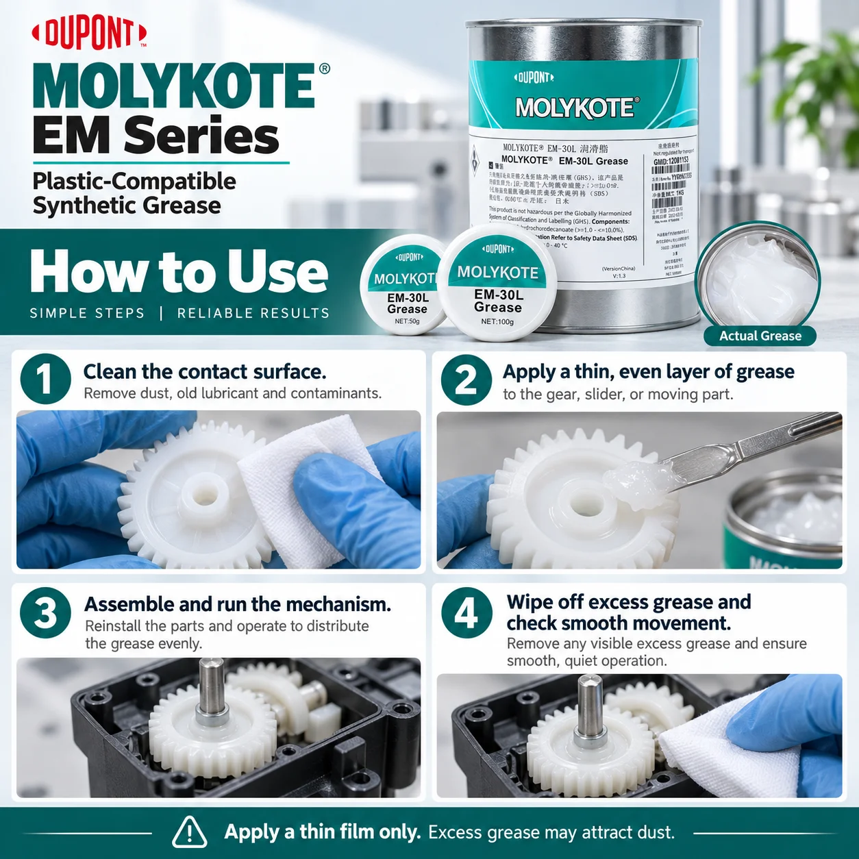 Dow Corning Molykote EM-30L EM-50L EM-60L Schmierfett, weißes Lithiumfett auf PAO-Basis, geeignet für die meisten Kunststoffe – Detail 2