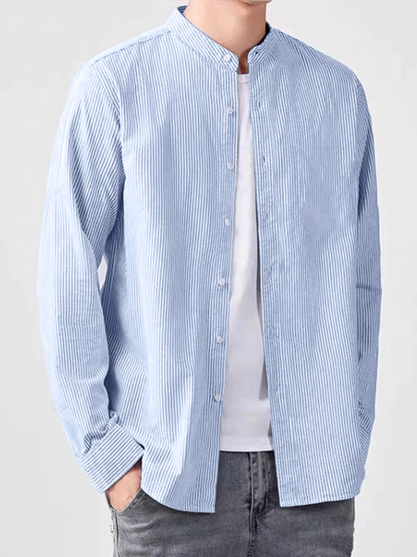 

Новая мужская полосатая рубашка с воротником-стойкой на весну и осень, деловая повседневная одежда с элитным и стильным атмосфером.