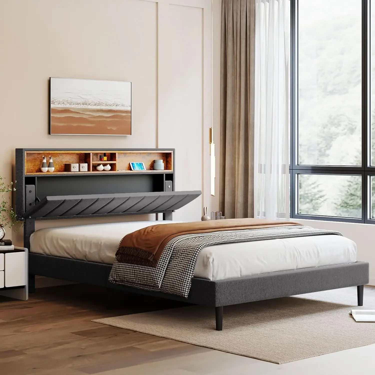 

Modern Upholstered Platform Bed with Storage Headboard and USB Port Wood Bed Frame No Box Spring Needed/Easy Assembly Full, Gray