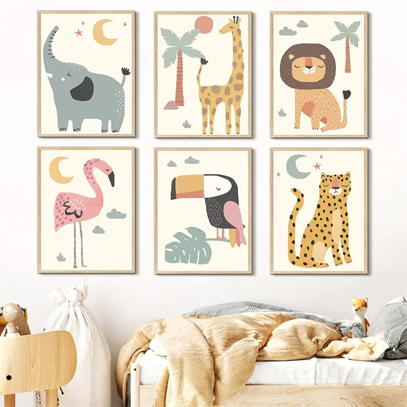 Nordic Cartoon Animals Posters Prints Elephant Giraffe Leopard Sloth Lion Canvas Painting Wall Art Picture Baby Kids Room Decor