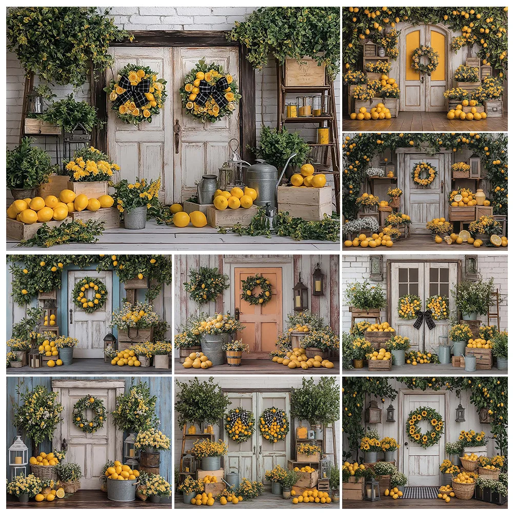 

LS Lemon Photography Backdrop for Photo Studio Kids Fruit Themed Birthday Cake Smash Background Flowers Rustic Wooden Door Props