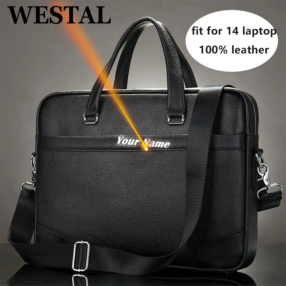 WESTAL Men\'s Leather Bag Business Totes Handbags Briefcases Genuine Leather 14 Laptop Bags Black Computer Bags for Document 9802