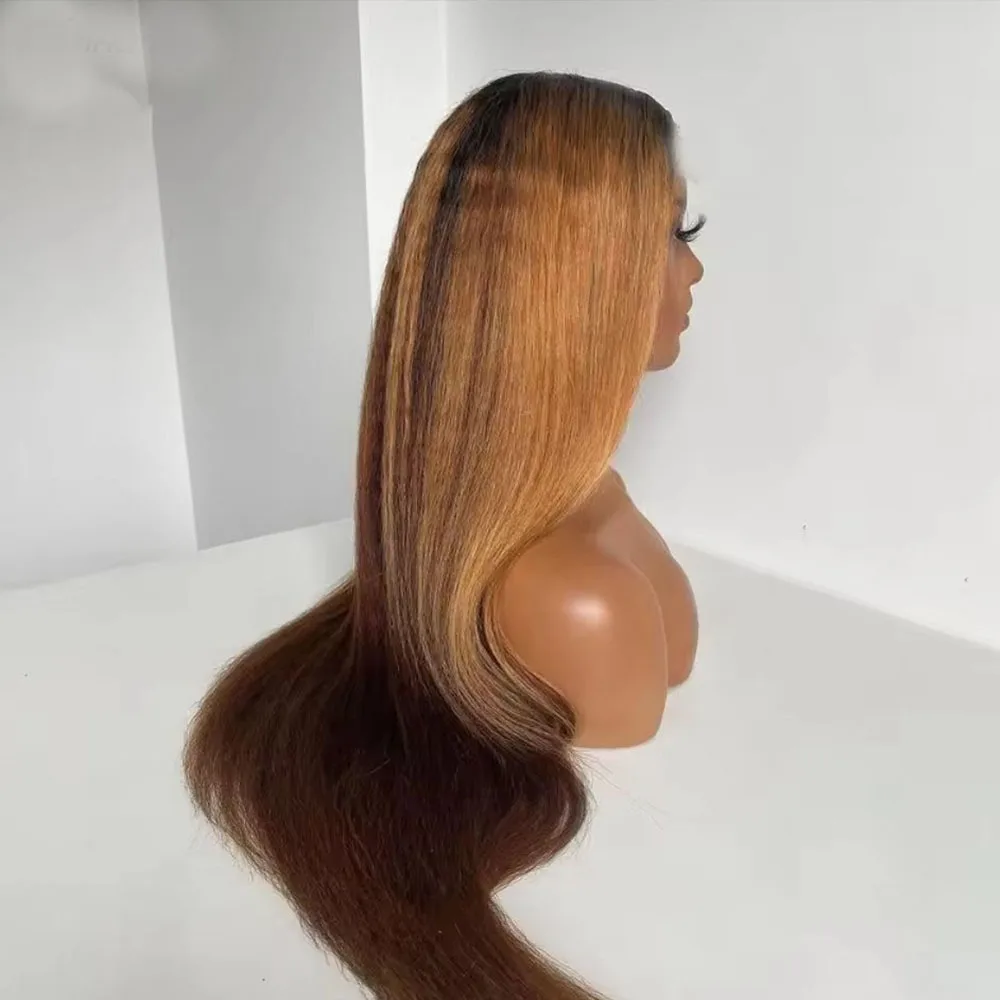 Highlights Honigblond Braun Yaki Glattes Echthaar-Perücke aus Indischen Haaren Kinky Straight 1x4 V/U Teilhaar U-Perücke für Schwarze Frauen – Detail 2