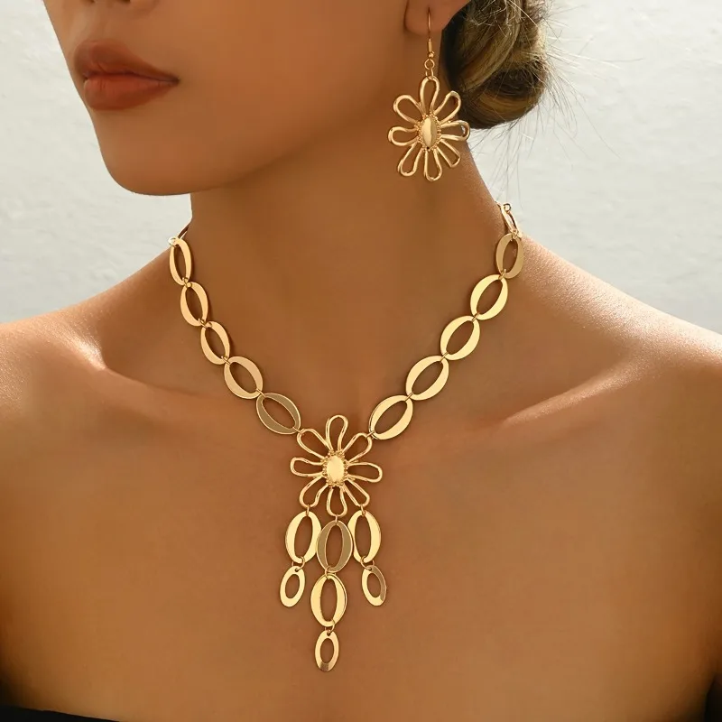 3 قطعة/مجموعة من أقراط قلادة على شكل زهرة بتصميم مجوف شخصي، هدايا مجوهرات للحفلات على الموضة للنساء #3