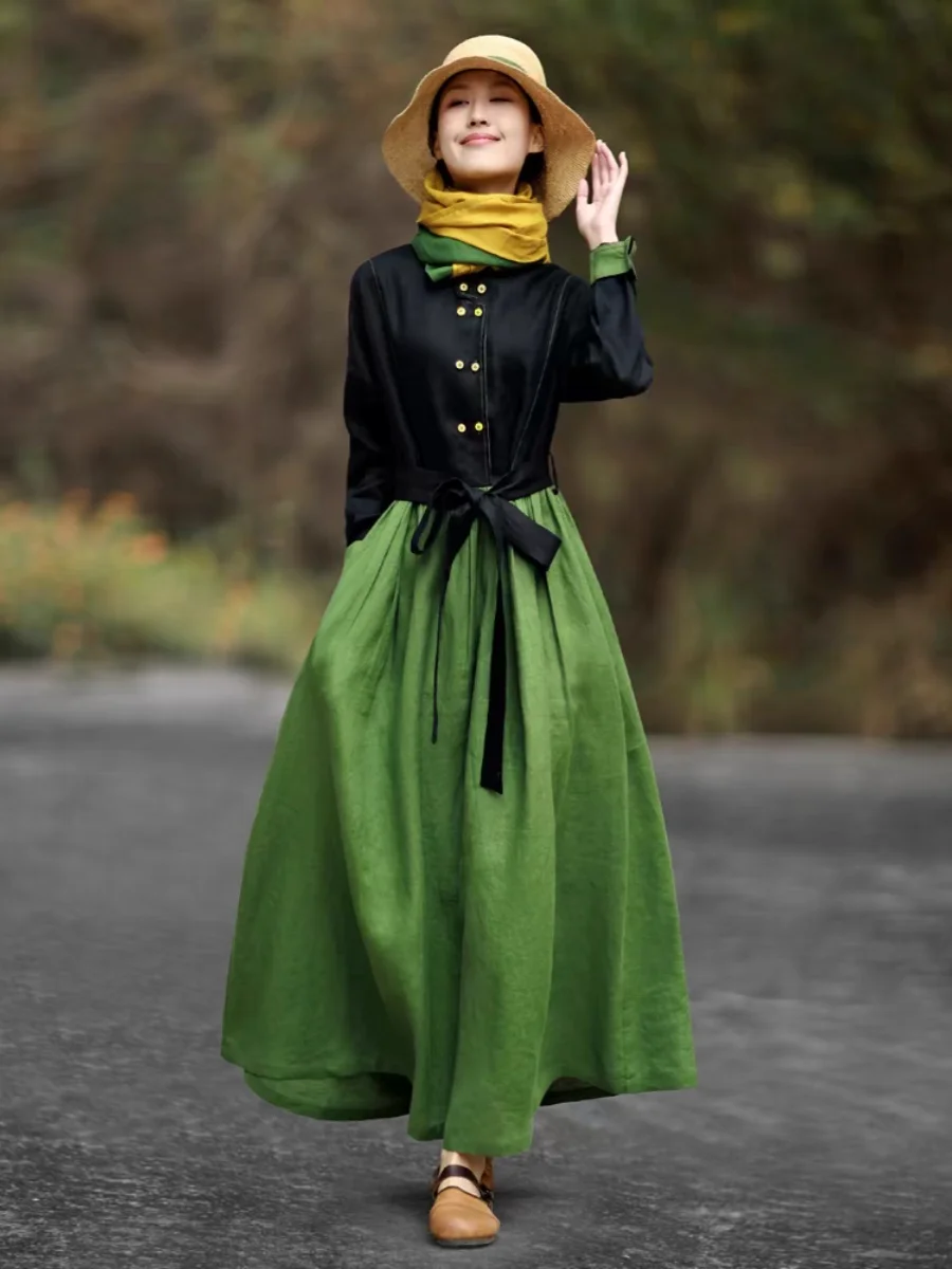 高級綿麻Aラインドレープエスニック風アーティスティックヴィンテージ春新作ファションレディースロングミディスカート