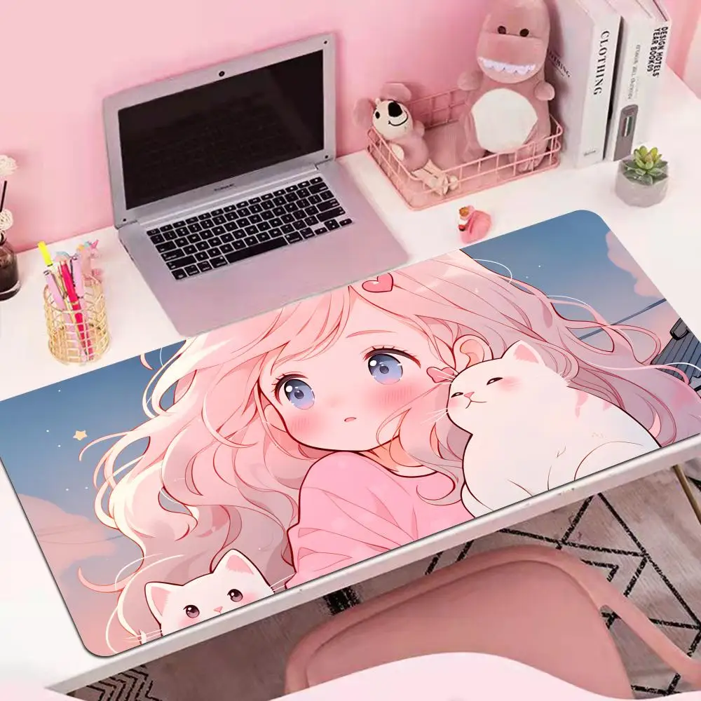 

HYBXAXC Kawaii Cat Anime Anime Pink tender Girl Glass Mouse Pad Esports Games Computer Mouse Desktop Decoration Non slip Pad
