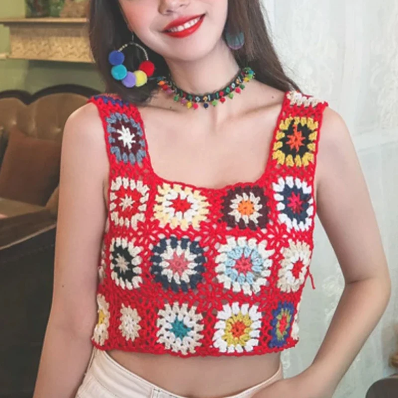 

Women's Summer Crochet Tank Top Embroidery Knitted Vest Tops Beach Boho Camisole Beachwear Bikini Cover-ups Korean Crop Tops