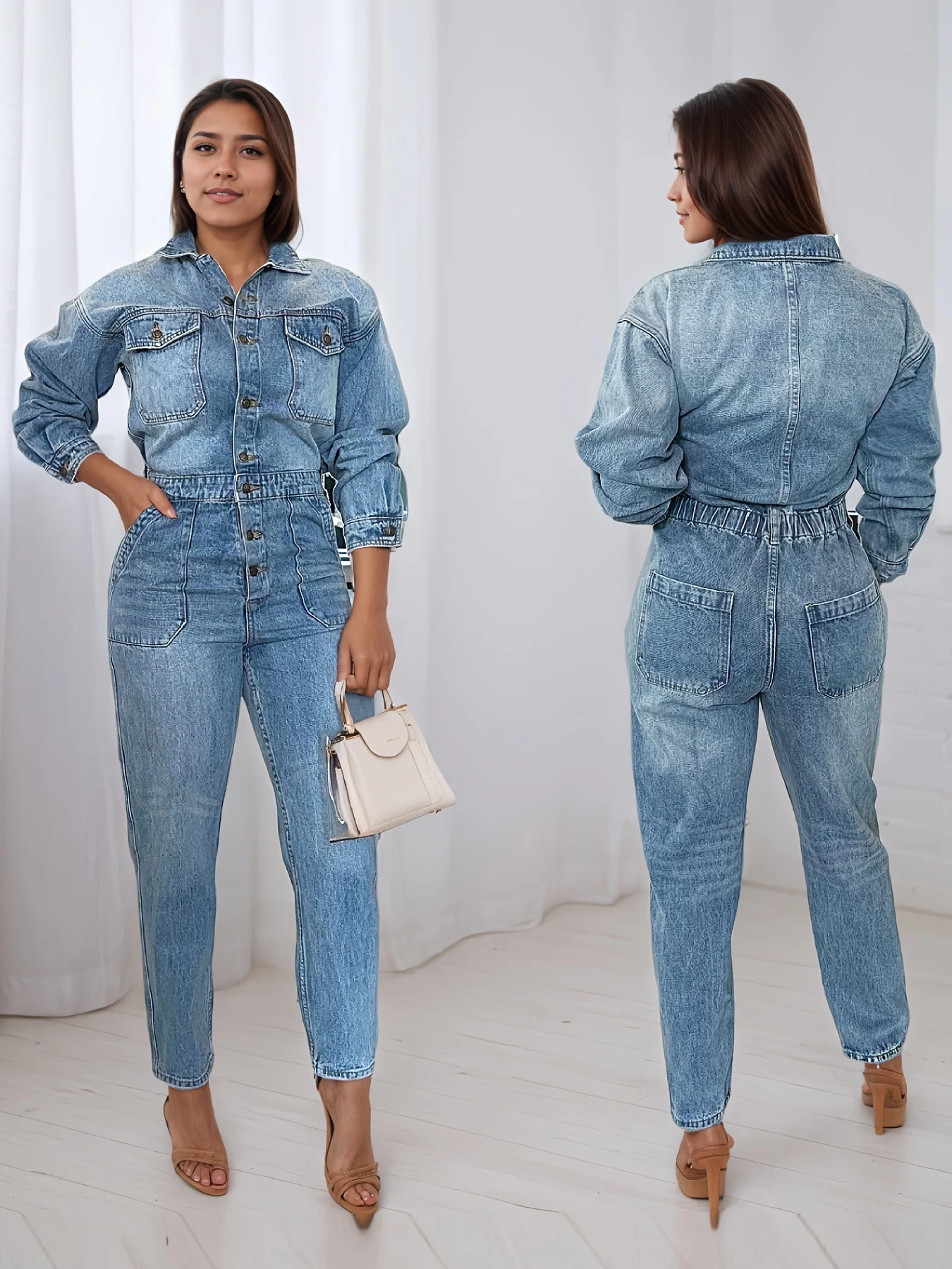 

Женский модный и сексуальный джинсовый комбинезон, комбинезон на пуговицах с длинными рукавами и карманами, женская джинсовая одежда